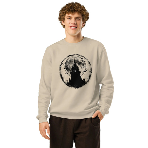 Gothic Castle Moon Organic Sweatshirt | Dark Fantasy Gamer Wear - Sustainable Organic Design | Primary Mockup Front View