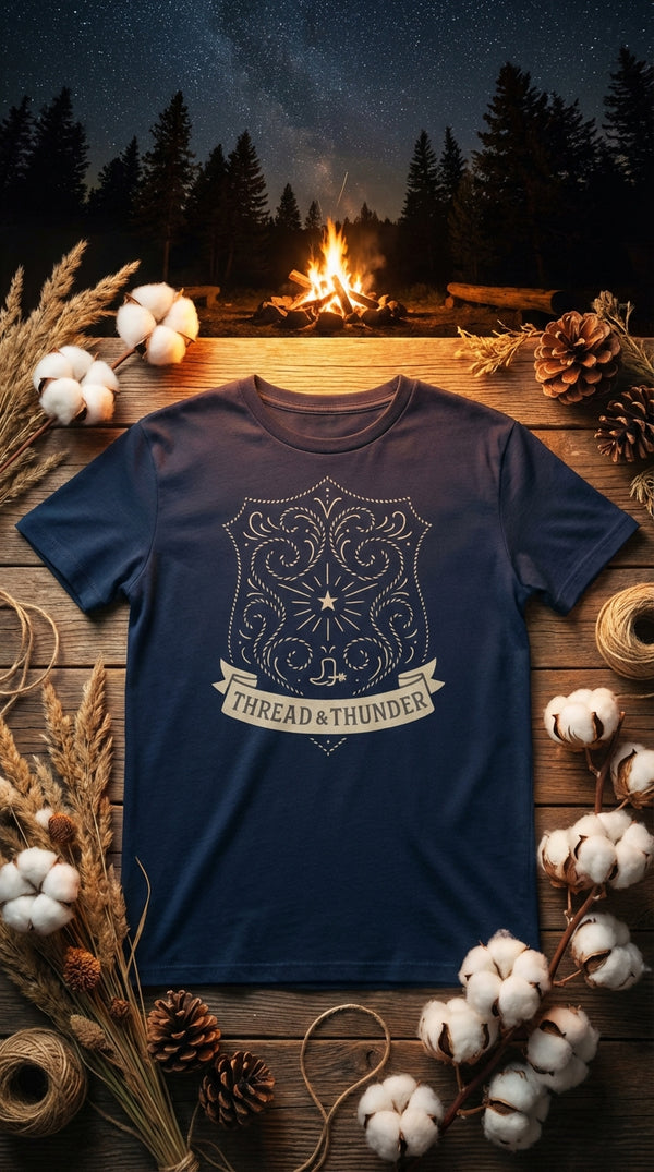 Thread & Thunder Stitched Western Shield Organic Unisex T-Shirt - GOTS Certification Hero in Campfire at Night - 90s Retro Sustainable