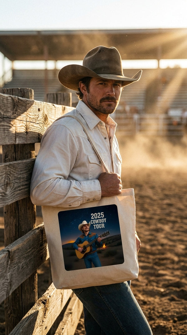 2025 Cowboy Tour Organic Cotton Tote Bag - Country Music Concert Eco-Friendly Shopper - Rodeo Spectator in Rodeo Arena - Eco-Aesthetic Lifestyle