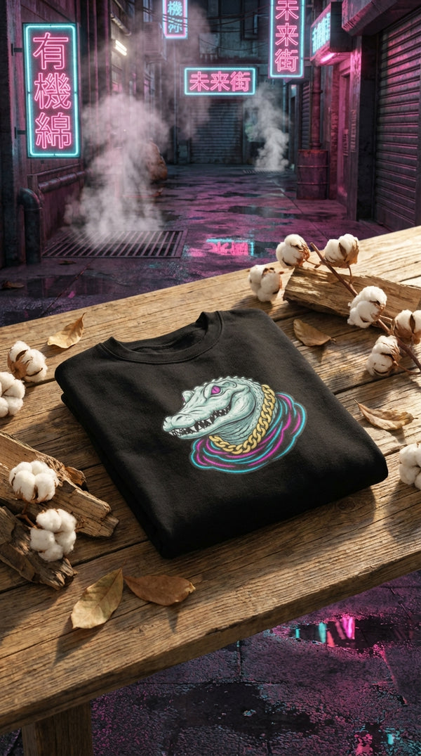Neon Gator Organic Sweatshirt - Premium Y2K Streetwear - GOTS Certification Hero in Cyberpunk Slum - 90s Retro Sustainable