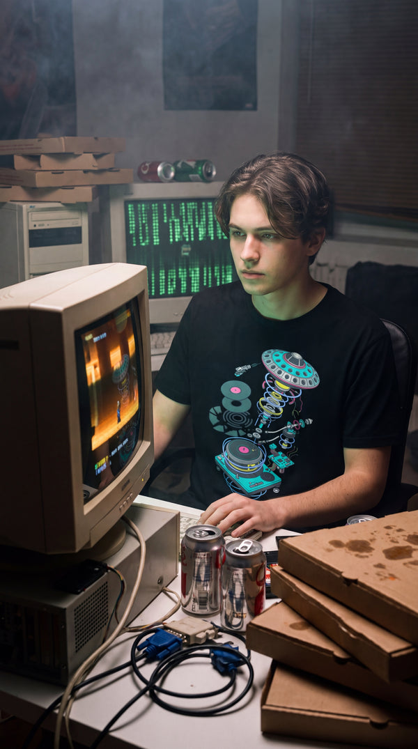 Cosmic Frequency Tee | Organic Cotton UFO Turntable Shirt - 90s Retro Hacker in 90s LAN Party - Y2K Eco-Tech