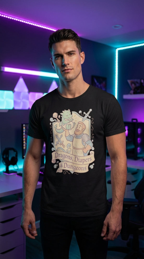 Dragons, Diapers, & Dungeons Tee - Male Model in RGB Gaming Room - Kitchen Table Legend