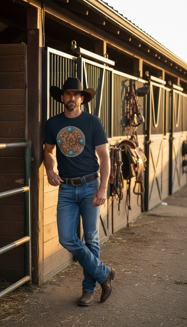 Tooled Leather Medallion – Western Organic Cotton T-Shirt - Modern Rancher in Horse Stable - 90s Retro Sustainable