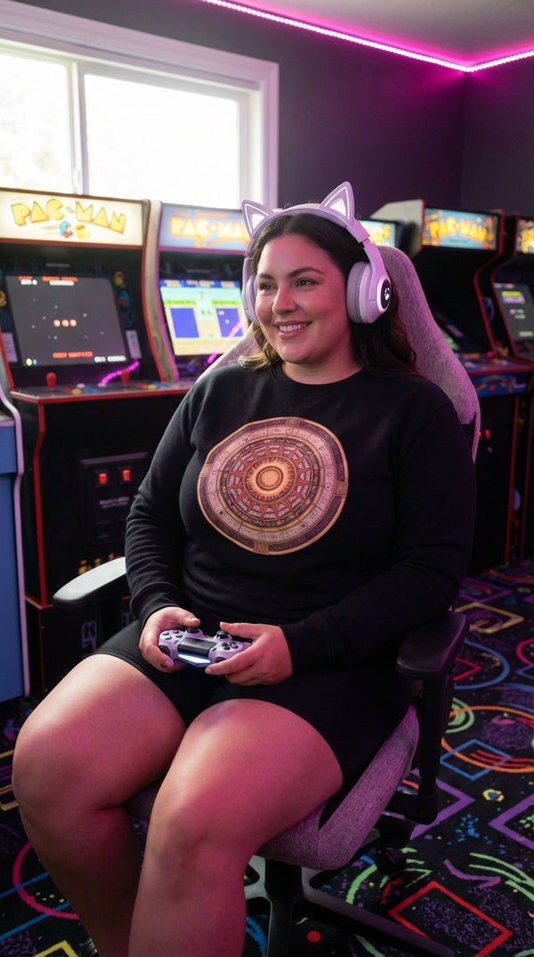 Celestial Sun Compass Organic Cotton Sweatshirt - Cozy Plus Gamer in Neon Arcade Alley - Legendary Pull