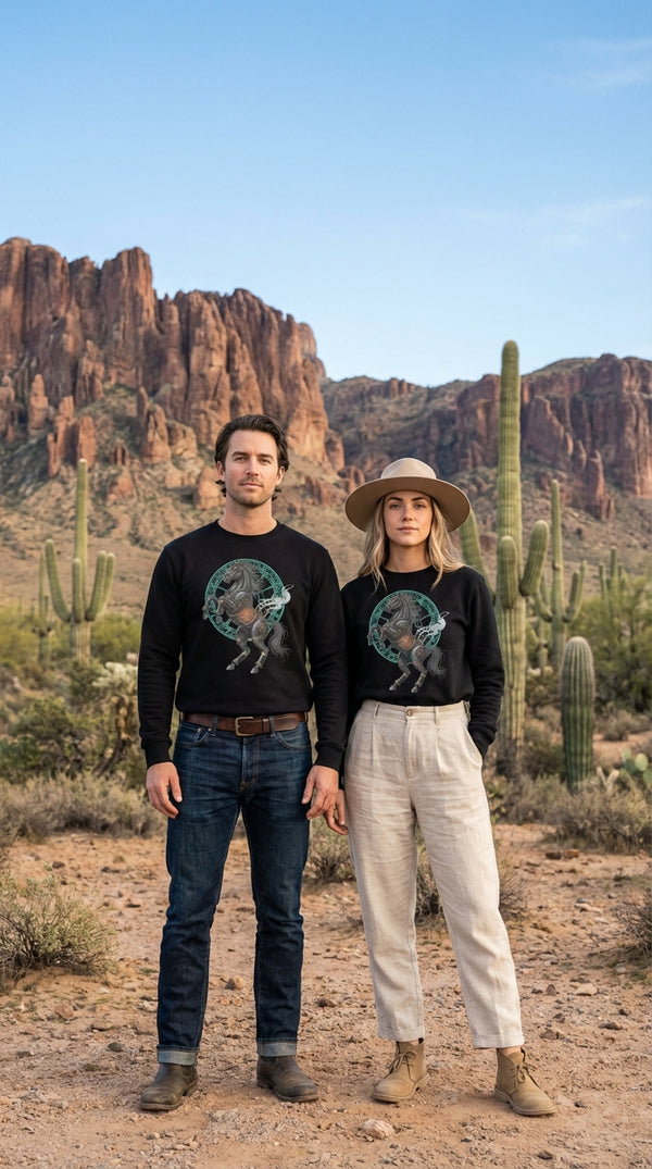 Steampunk Stallion Organic Cotton Sweatshirt - Couple / Duo in Desert Canyon - Eco-Aesthetic Lifestyle