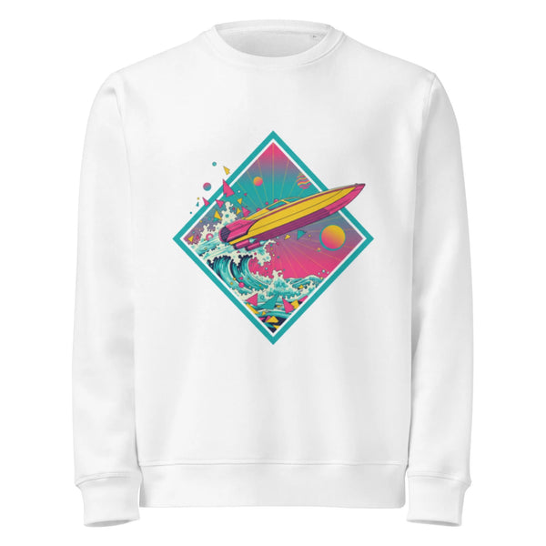 Retro Speedboat Organic Sweatshirt | 80s Synthwave & Vaporwave - Sustainable Organic Design | Primary Mockup Front View