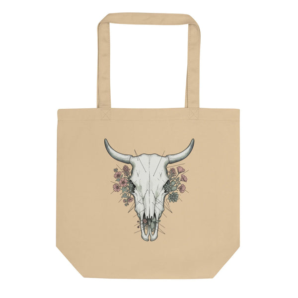 The Nomad Tote | Organic Cotton Bull Skull & Floral Design - Sustainable Organic Design | Detailed Alternative View