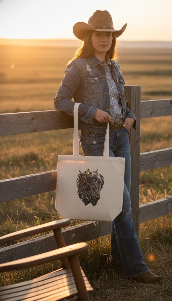 Vintage Bison and Wildflower Organic Cotton Tote Bag - Cowgirl Model in Ranch Porch - Stop-Motion Nostalgia
