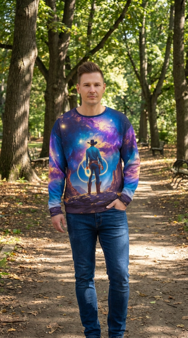 Cosmic Cowboy Recycled Unisex Sweatshirt - Eco-Hiker in Boston Common - Eco-Aesthetic Lifestyle