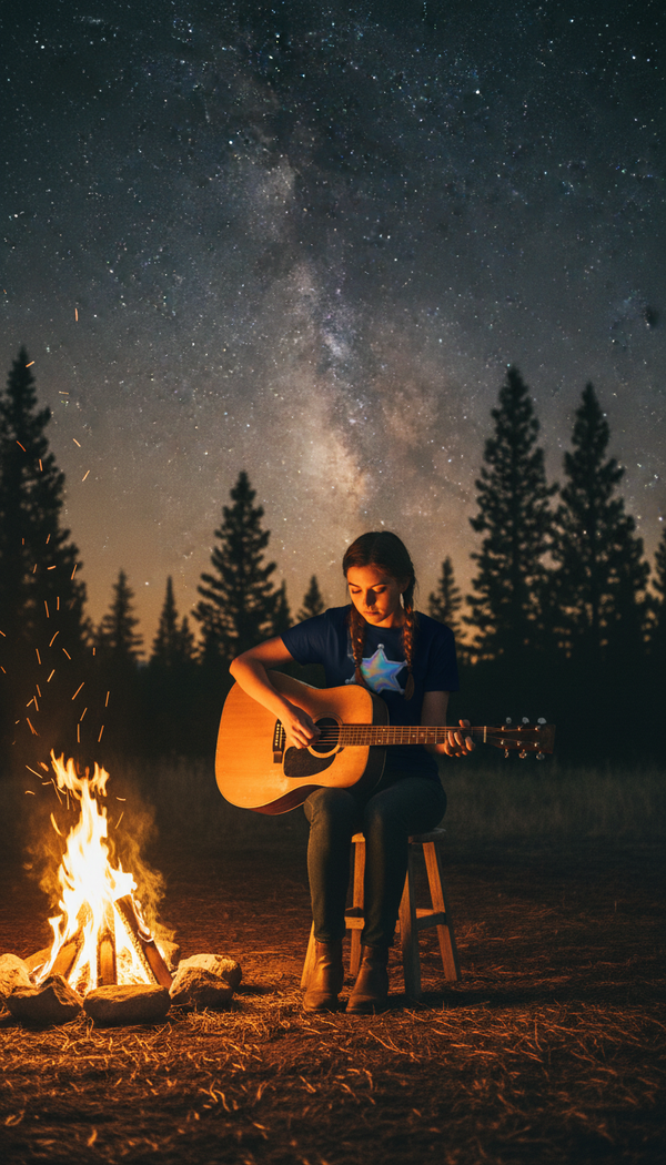 Holographic Sheriff’s Star Badge Organic Cotton T-Shirt - Acoustic Guitarist in Campfire at Night - 90s Retro Sustainable