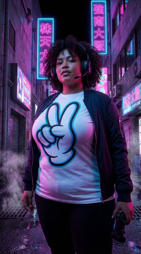 Retro Peace Sign Hand Graphic T-Shirt - Neon Glow Outline - Cyberpunk Plus in Cyberpunk Slum - 90s Grunge Revival