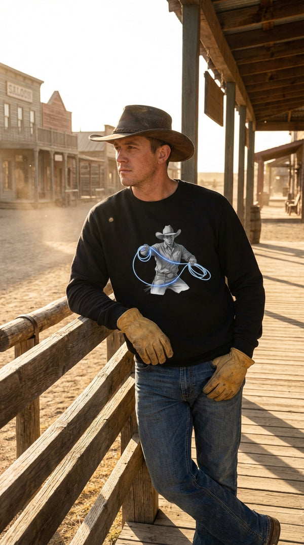 Neon Lasso Cowboy Organic Cotton Sweatshirt - Acoustic Guitarist in Western Town - Eco-Aesthetic Lifestyle