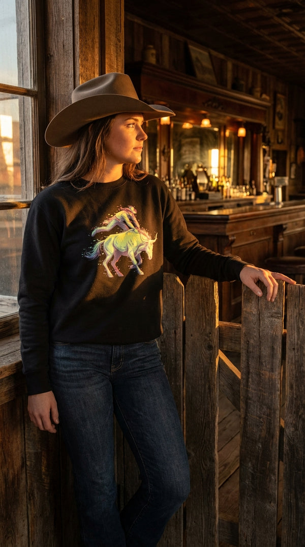 Neon Rodeo Bull Organic Cotton Sweatshirt - Cowgirl Model in Saloon Interior - Eco-Aesthetic Lifestyle
