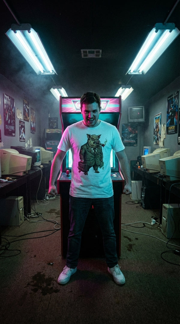 'The Pig Boss' Graphic GOTS-certified organic cotton tee, editorial portrait 2