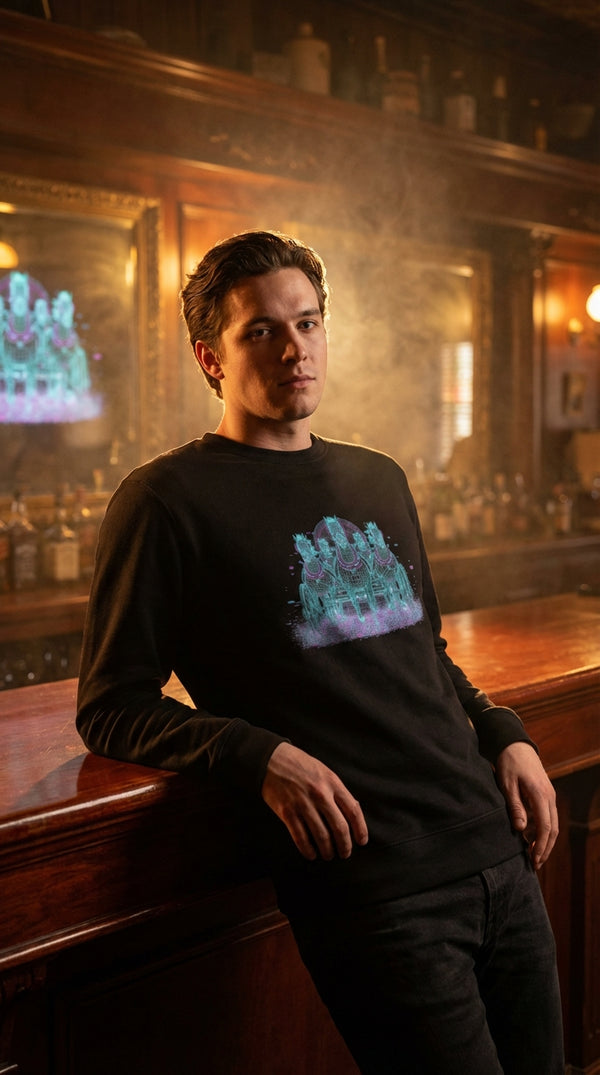 Neon Spirit Horses Organic Cotton Sweatshirt - Cosmic Western - Cyberpunk Plus in Saloon Interior - Eco-Aesthetic Lifestyle