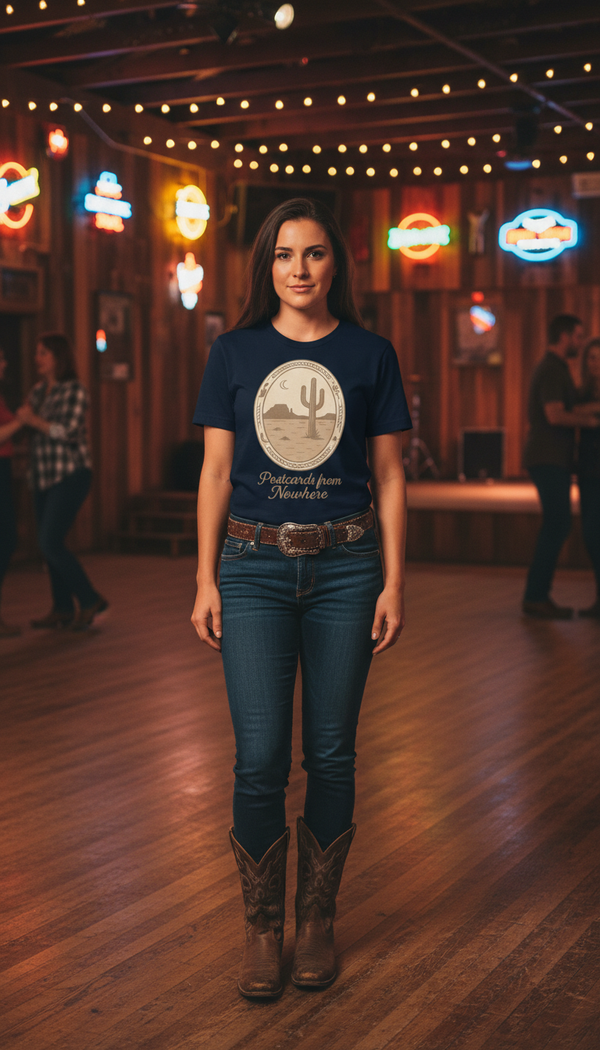 Postcards from Nowhere Desert Scene Graphic Tee - Line Dancer in Honky Tonk Bar - 90s Retro Sustainable