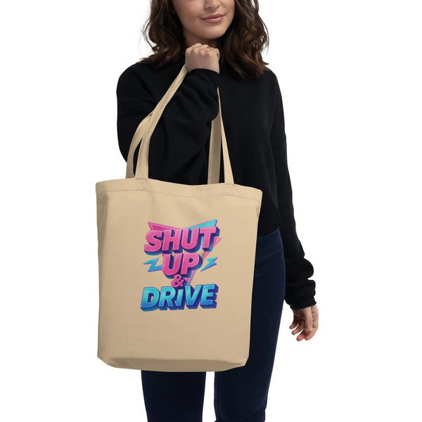 Shut Up & Drive Retro Tote | GOTS Certified Organic Cotton Bag - Sustainable Organic Design | Primary Flat-lay Front View