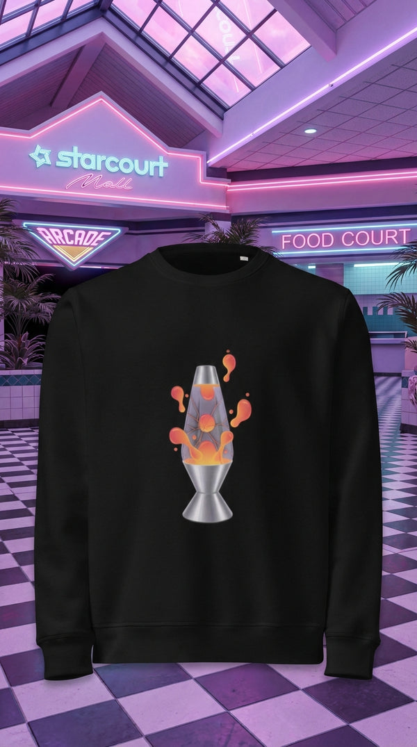 Retro Lava Lamp Organic Sweatshirt - Product Focus in 90s Mall Food Court - 90s Grunge Revival