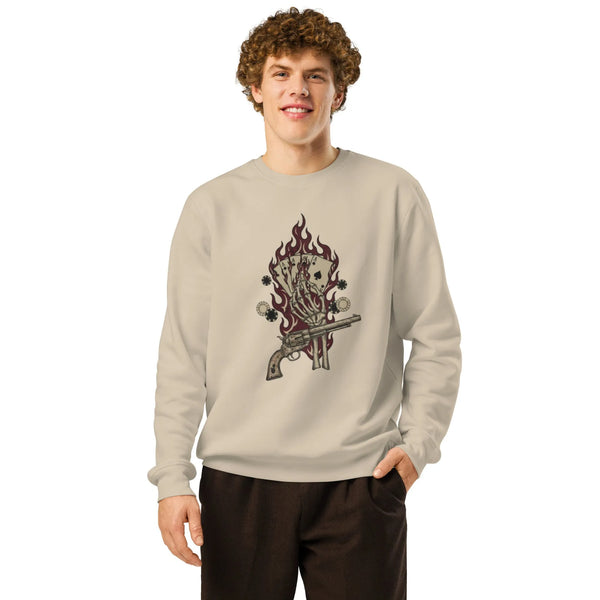 Skeleton Gambler Organic Sweatshirt | Cowboy Renaissance Western Crewneck - Sustainable Organic Design | Primary Mockup Front View