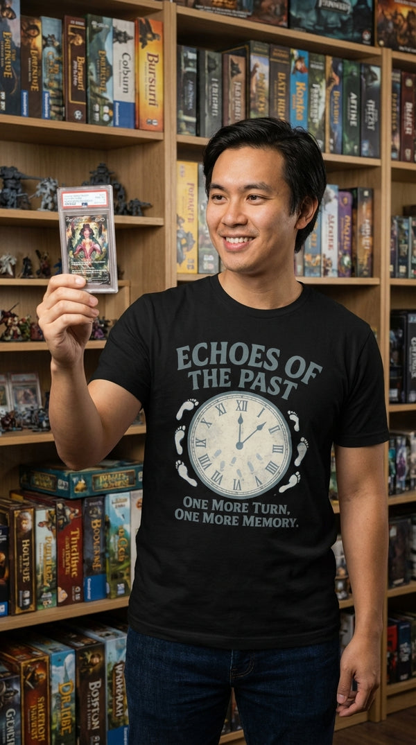 Organic Cotton T-Shirt Unisex - Echoes of the Past - Card Collector in Local Game Store - Mana Color Aesthetic