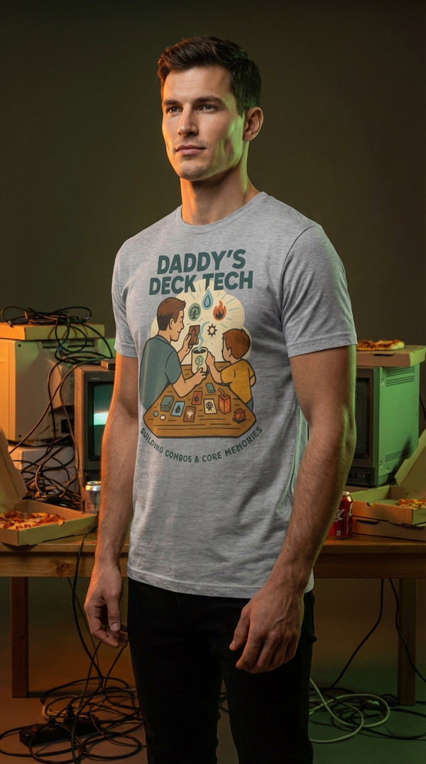 Daddy's Deck Tech Organic Tee - Male Model in 90s LAN Party - Kitchen Table Legend