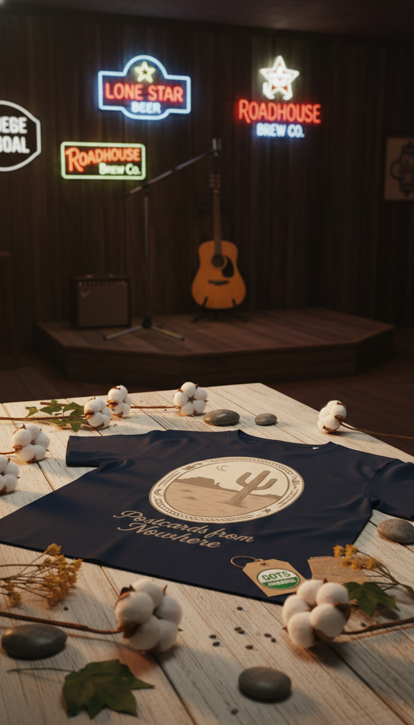 Postcards from Nowhere Desert Scene Graphic Tee - GOTS Certification Hero in Honky Tonk Bar - 90s Retro Sustainable