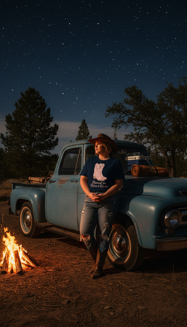 Raised on Roses & Rodeo T-Shirt – Pink Boots Western Tee - Pickup Truck Lean in Campfire at Night - 90s Retro Sustainable