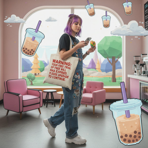 Person holding a phone with animated bubble tea graphics and a scenic window view.