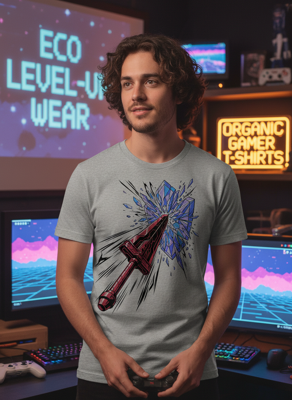 Crystal Shatter Sword Organic graphic tee worn in a styled lifestyle shot