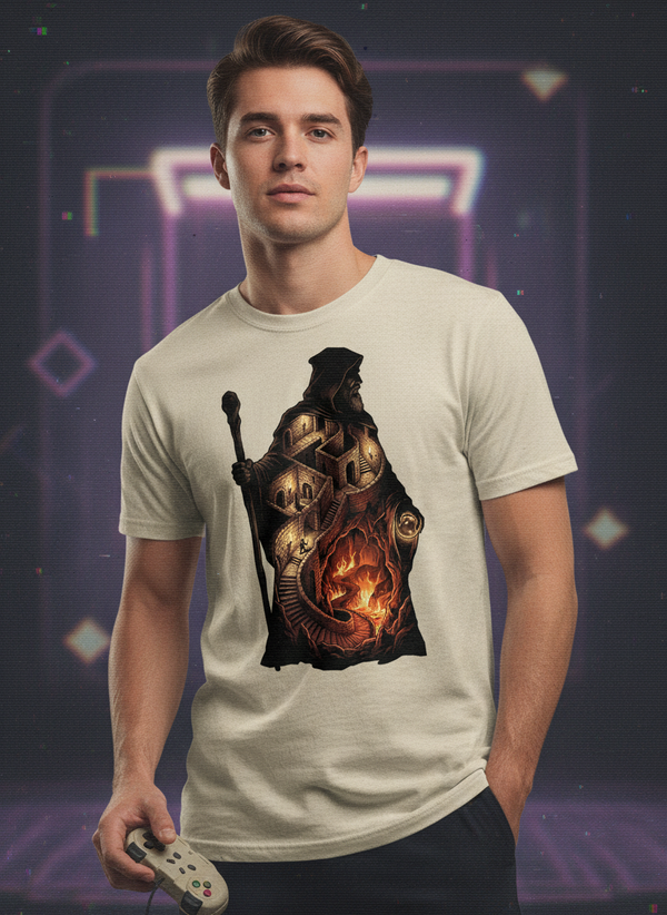 Mystic Wizard Gamer GOTS-certified organic cotton tee worn by a model
