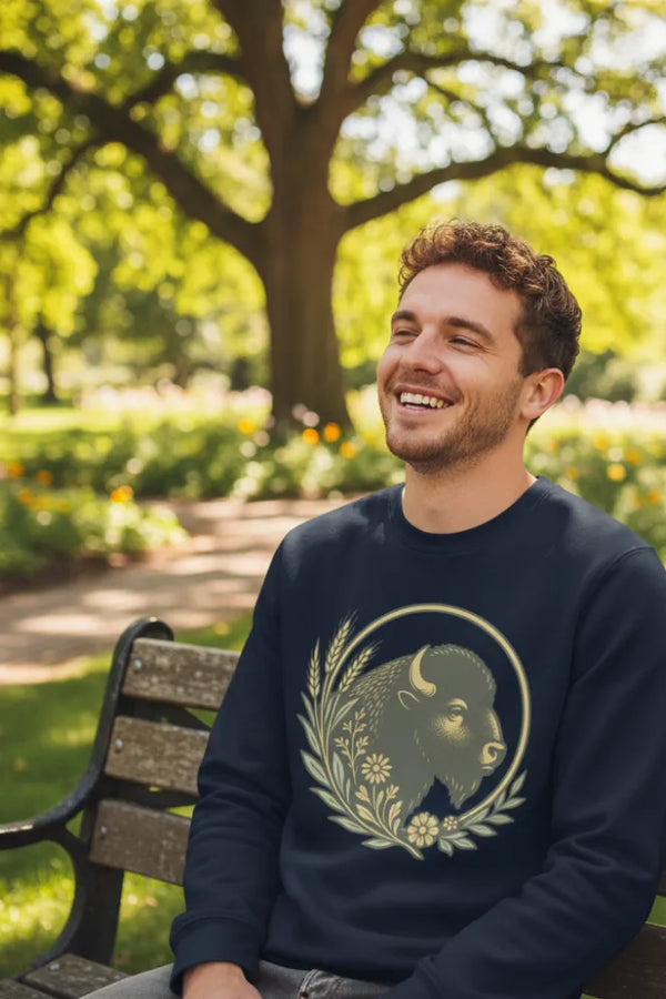 Man sitting on a bench in a park wearing a navy blue sweatshirt with a nature-themed design.