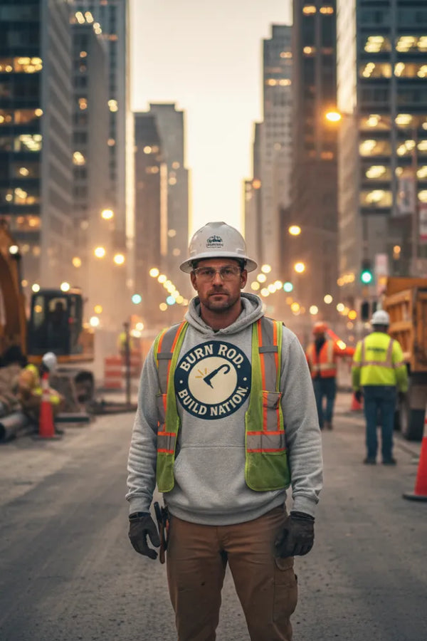 Person in construction attire standing on a city street with buildings in the background