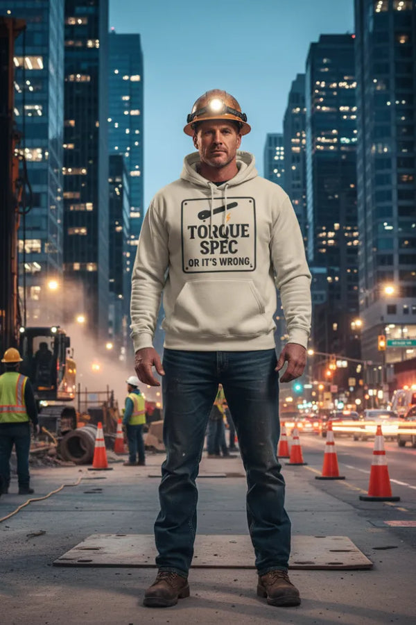 Man wearing a hoodie with 'Torque Spec' text on a city street at night.