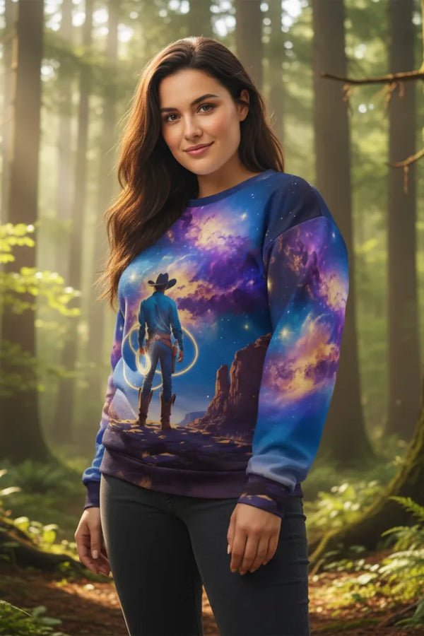 Woman wearing a sweater with a cosmic design in a forest setting