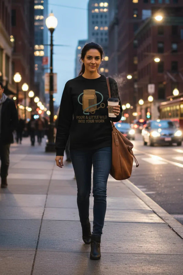 Woman walking on a city street holding a coffee cup, wearing a black sweatshirt with a graphic design.