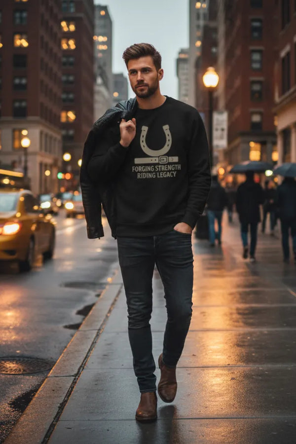 Man walking on a city street wearing a black sweatshirt with text and dark jeans.