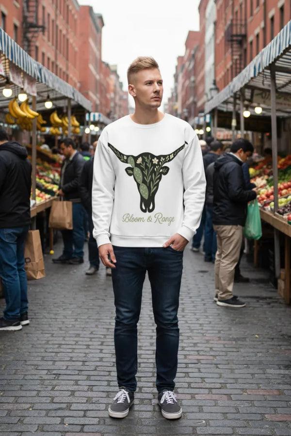 Man wearing a white sweatshirt with a graphic design in an outdoor market setting