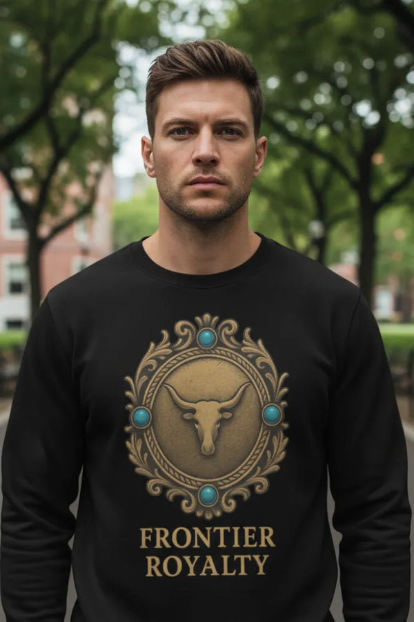 Man wearing a black sweatshirt with 'Frontier Royalty' design outdoors.