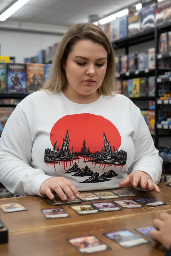 Woman playing a board game in a store with shelves of games in the background
