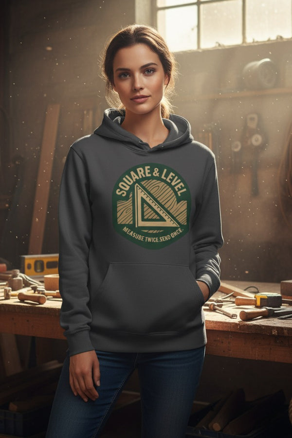 Woman wearing a hoodie with a 'Square & Level' logo in a workshop setting