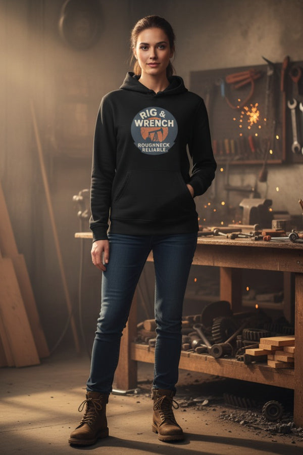 Woman wearing a black hoodie with a graphic design in a workshop setting