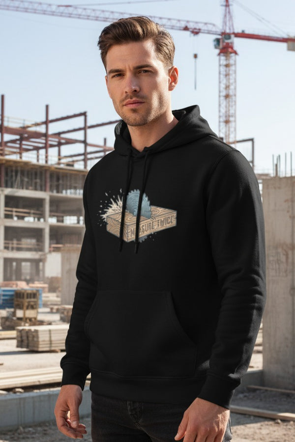 Man wearing a black hoodie with a graphic design in an urban construction setting