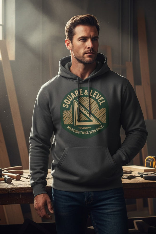 Man wearing a hoodie with a logo in a workshop setting