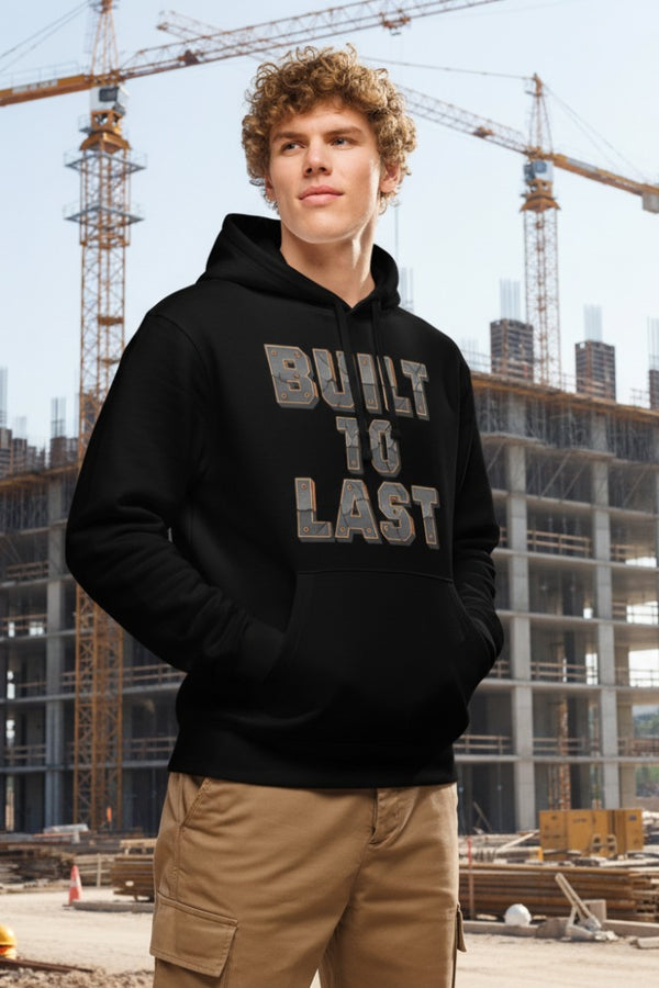 Person wearing a black hoodie with 'Built to Last' text in front of construction cranes.