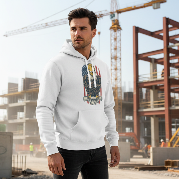Man wearing a white hoodie with an eagle graphic in front of a construction site.