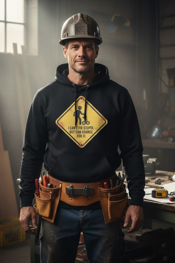 Man wearing a hoodie with a graphic design and tool belt in a workshop setting