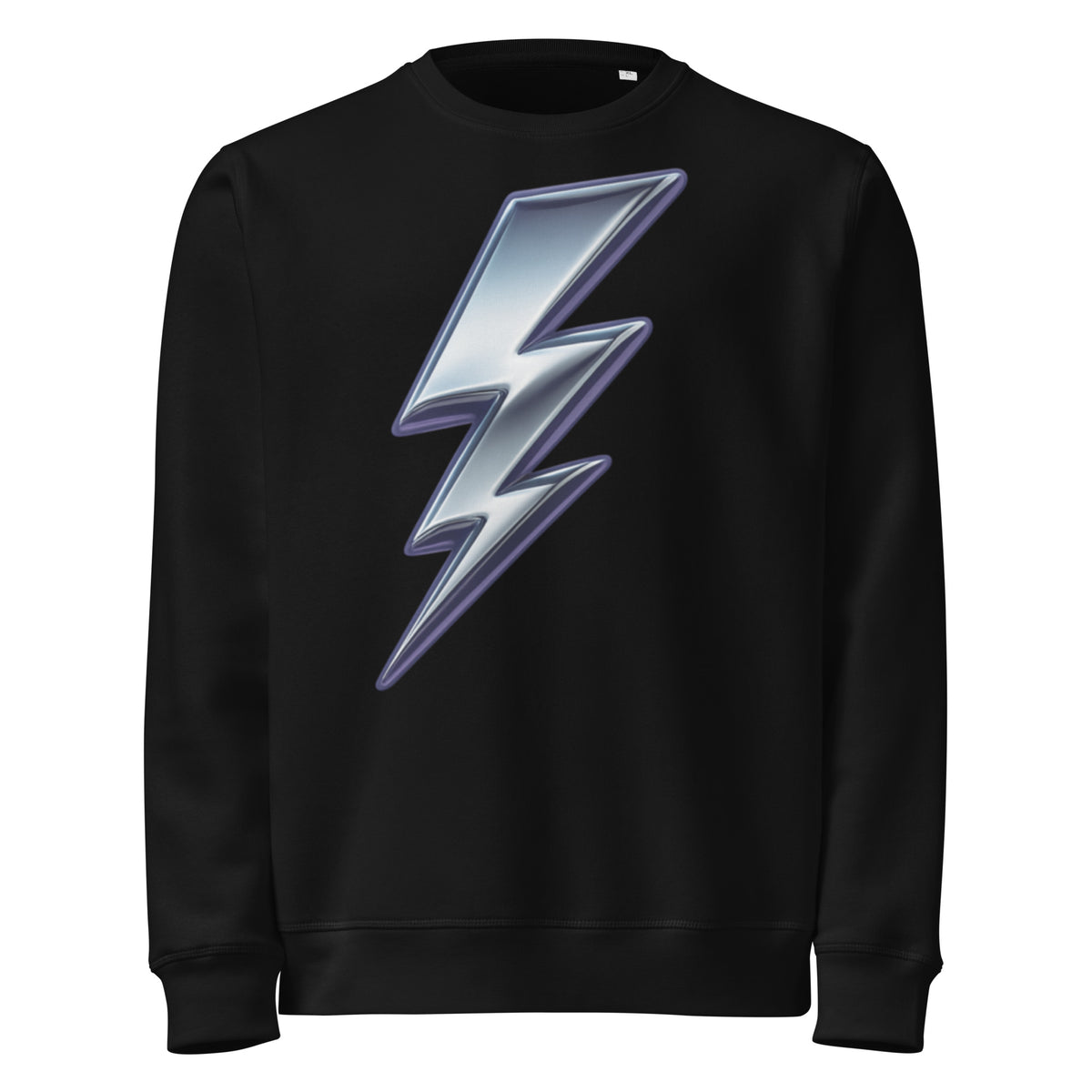 Black sweatshirt with a silver lightning bolt design on a white background