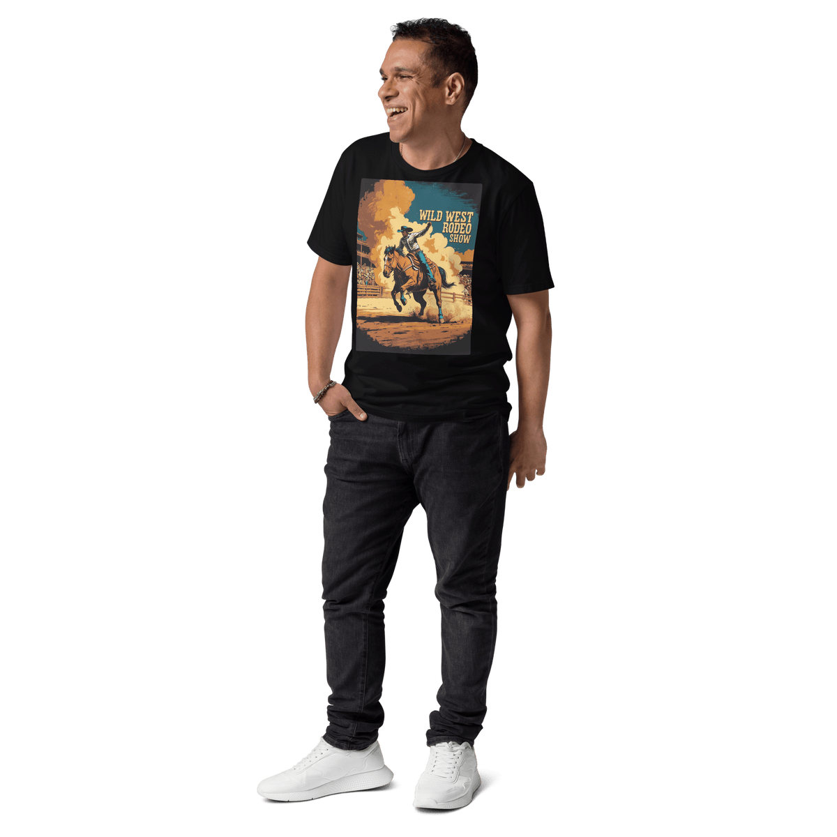 Vintage Wild West Rodeo Show Organic Cotton T-Shirt | Cowboy Bronc Rider Graphic Tee - Design Delight Studio