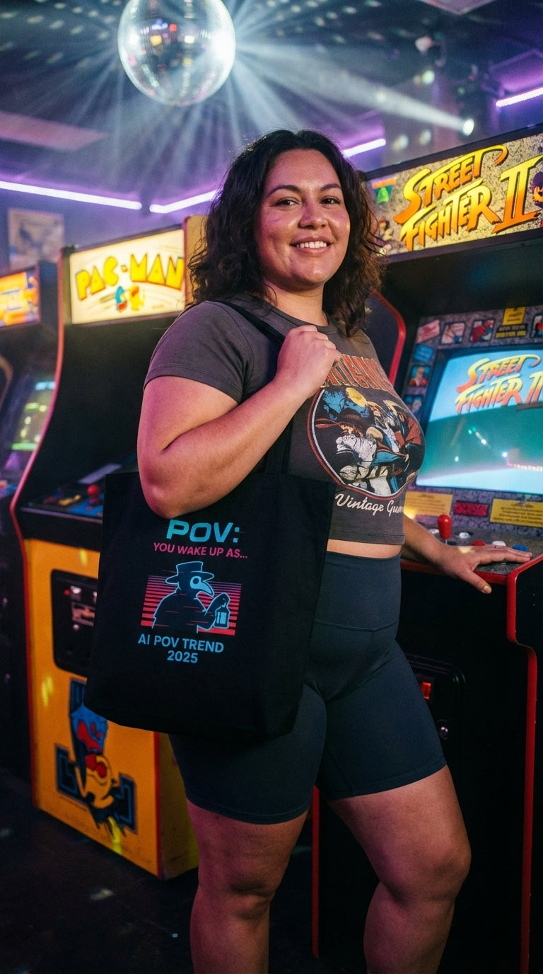 A woman smiles, holding a black tote bag with a graphic design, standing in front of arcade games.