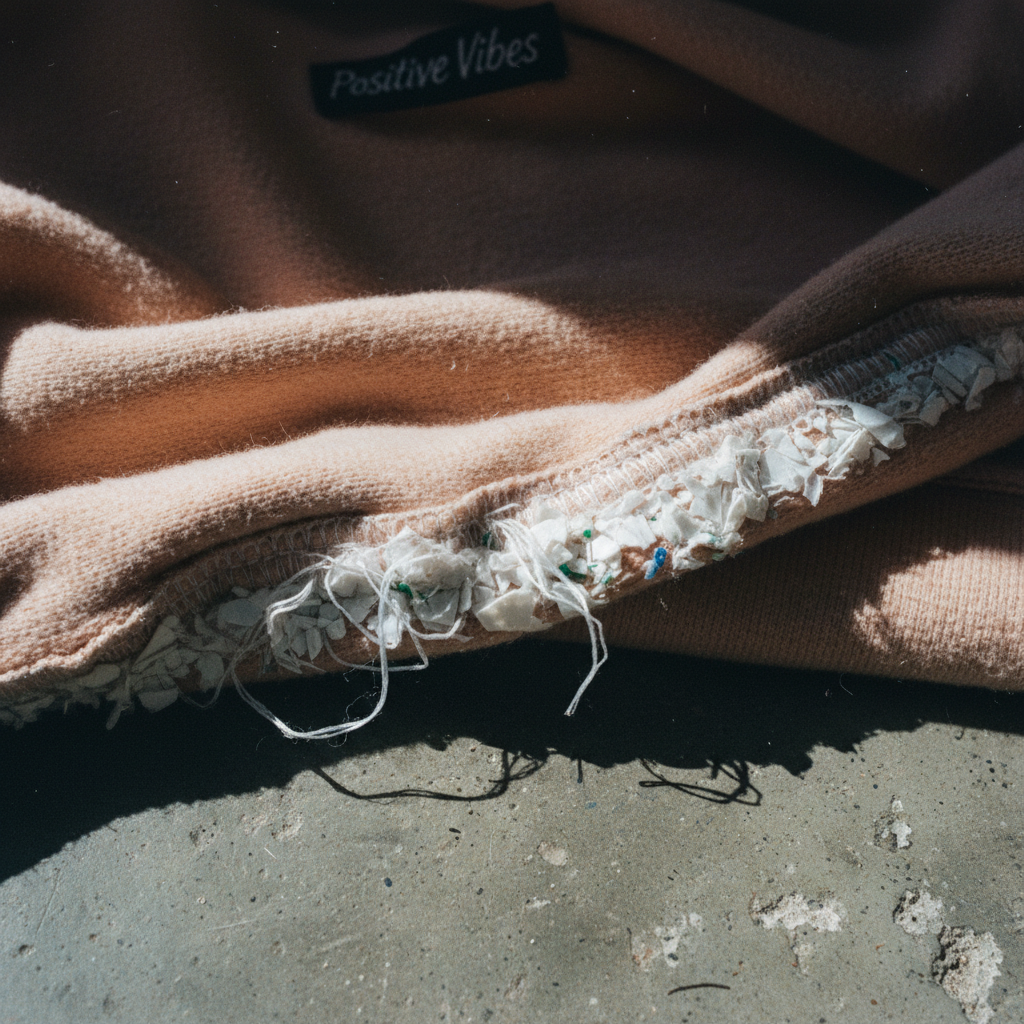 Close up texture of 308 GSM recycled sweatshirt fabric showing high definition print and brushed fleece quality